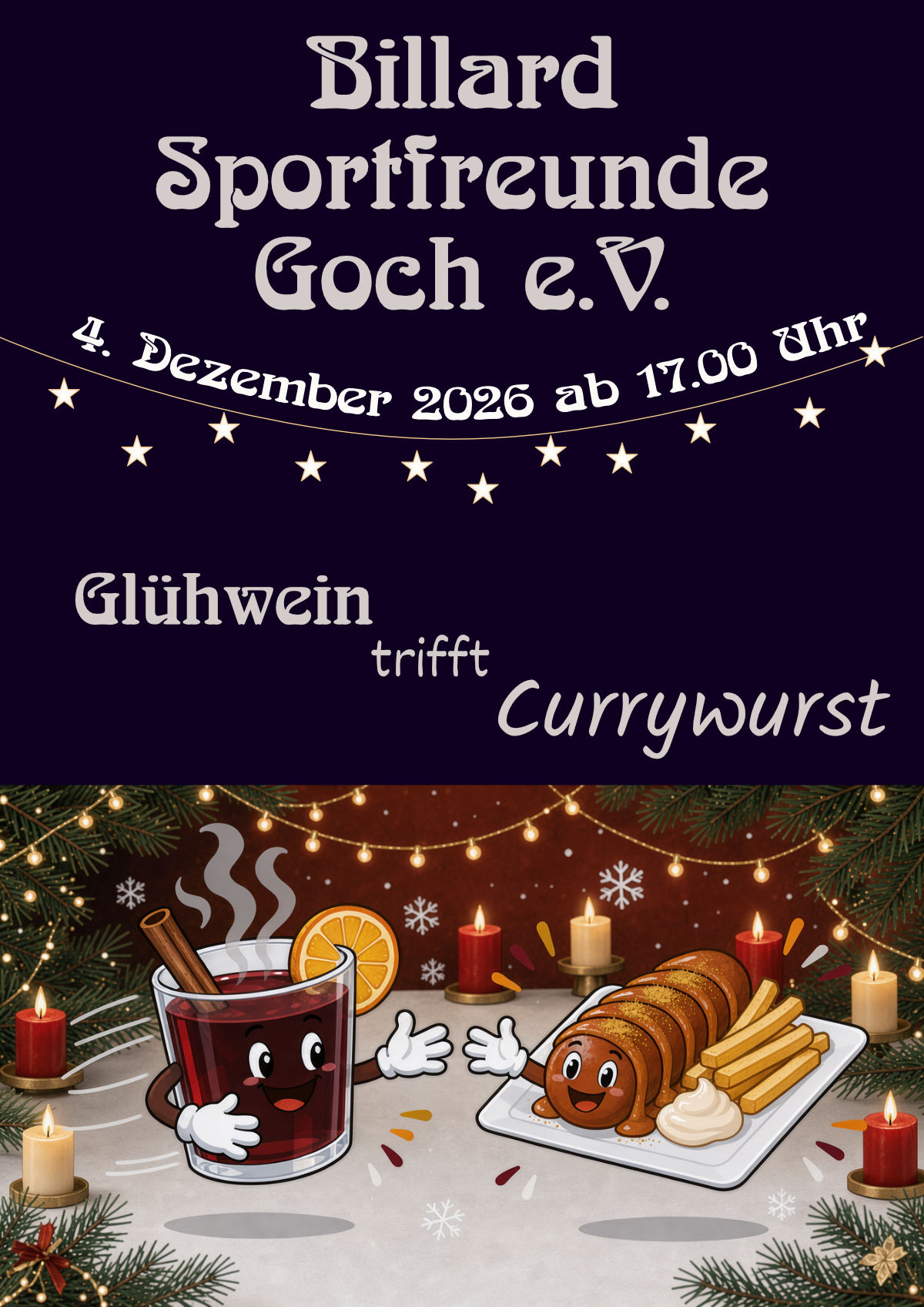 Gluehwein trifft auf Currywurst mit Kerzen, Tannenzweigen und Lichterketten